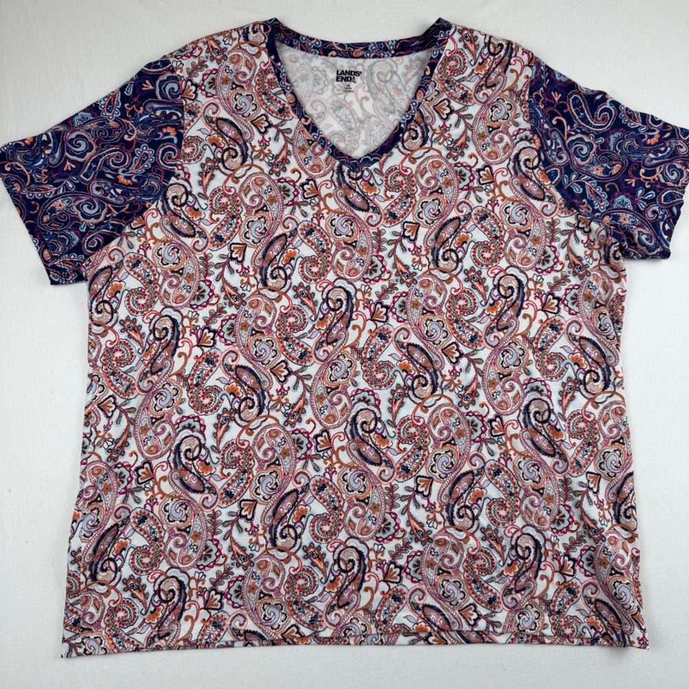 Lands End Womens 1X Paisley V-Neck Cotton Short Sleeve T-Shirt Navy Orange Top